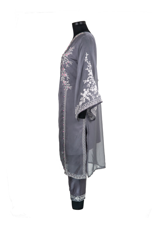 Embroidered Cotton Grey Colour Straight Pant Suit