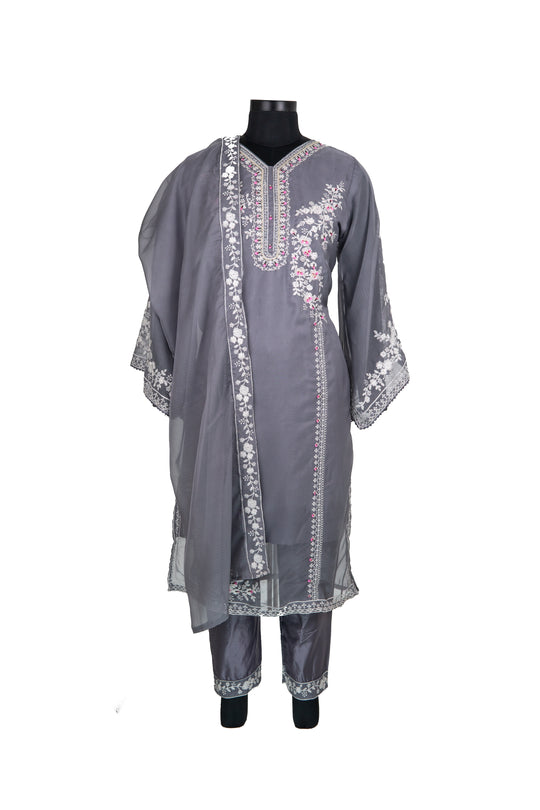 Embroidered Cotton Grey Colour Straight Pant Suit