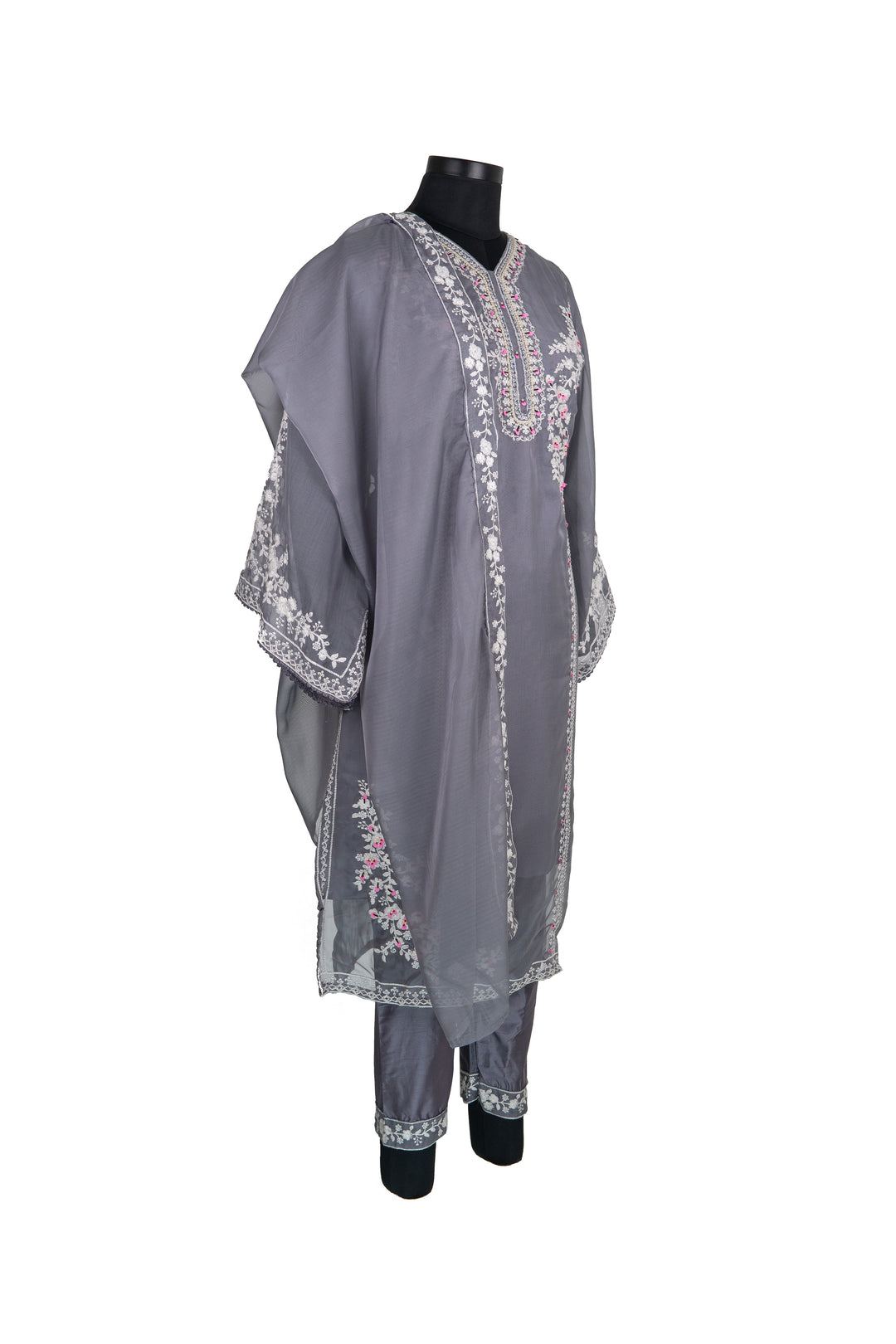 Embroidered Cotton Grey Colour Straight Pant Suit