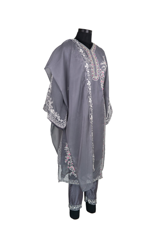 Embroidered Cotton Grey Colour Straight Pant Suit