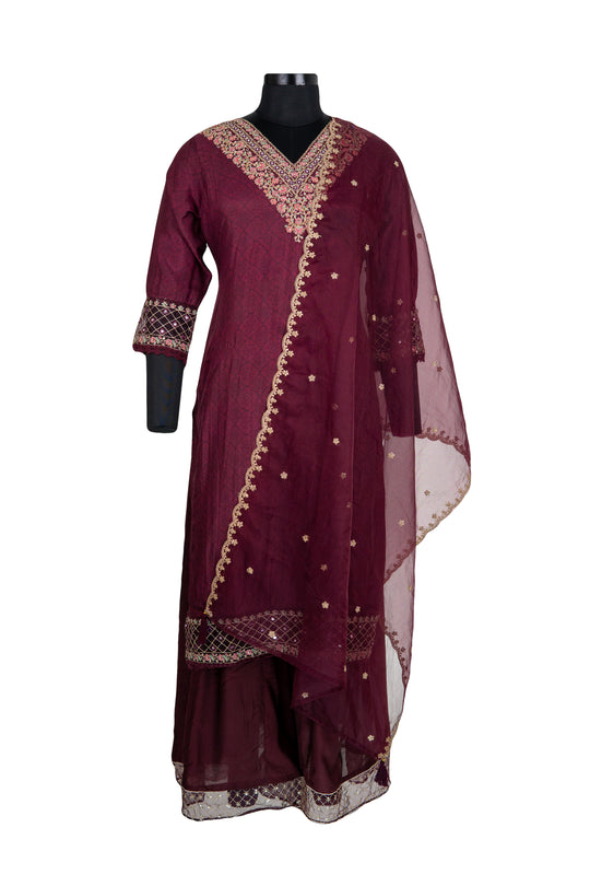 Fully Embroidered Wine Palazzo Set