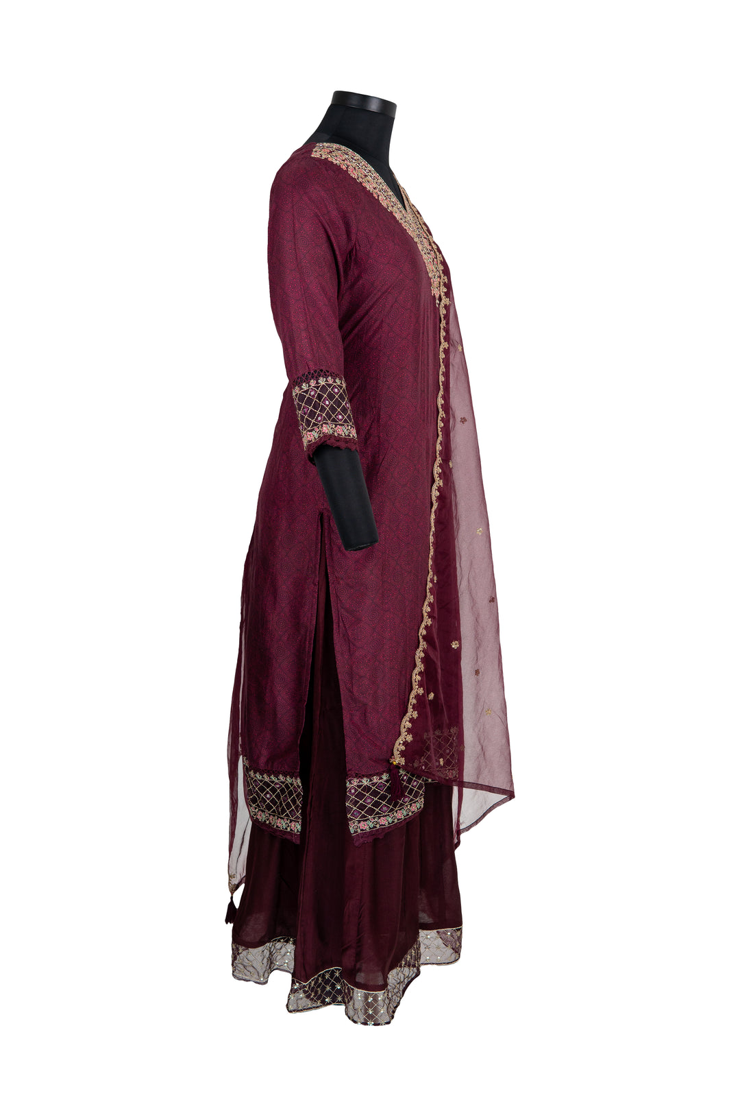 Fully Embroidered Wine Palazzo Set