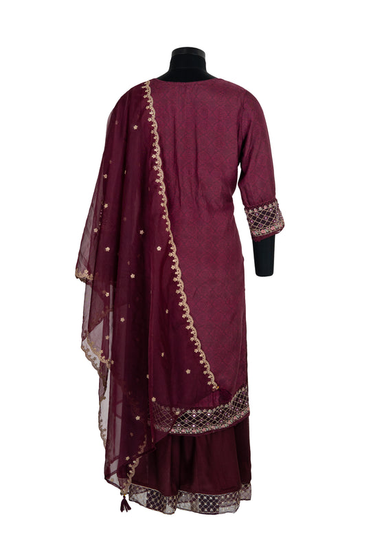 Fully Embroidered Wine Palazzo Set