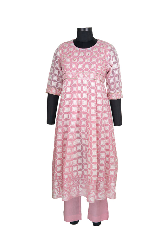 Pink Colour Anarkali Suit With White Embroidery