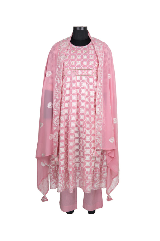 Pink Colour Anarkali Suit With White Embroidery