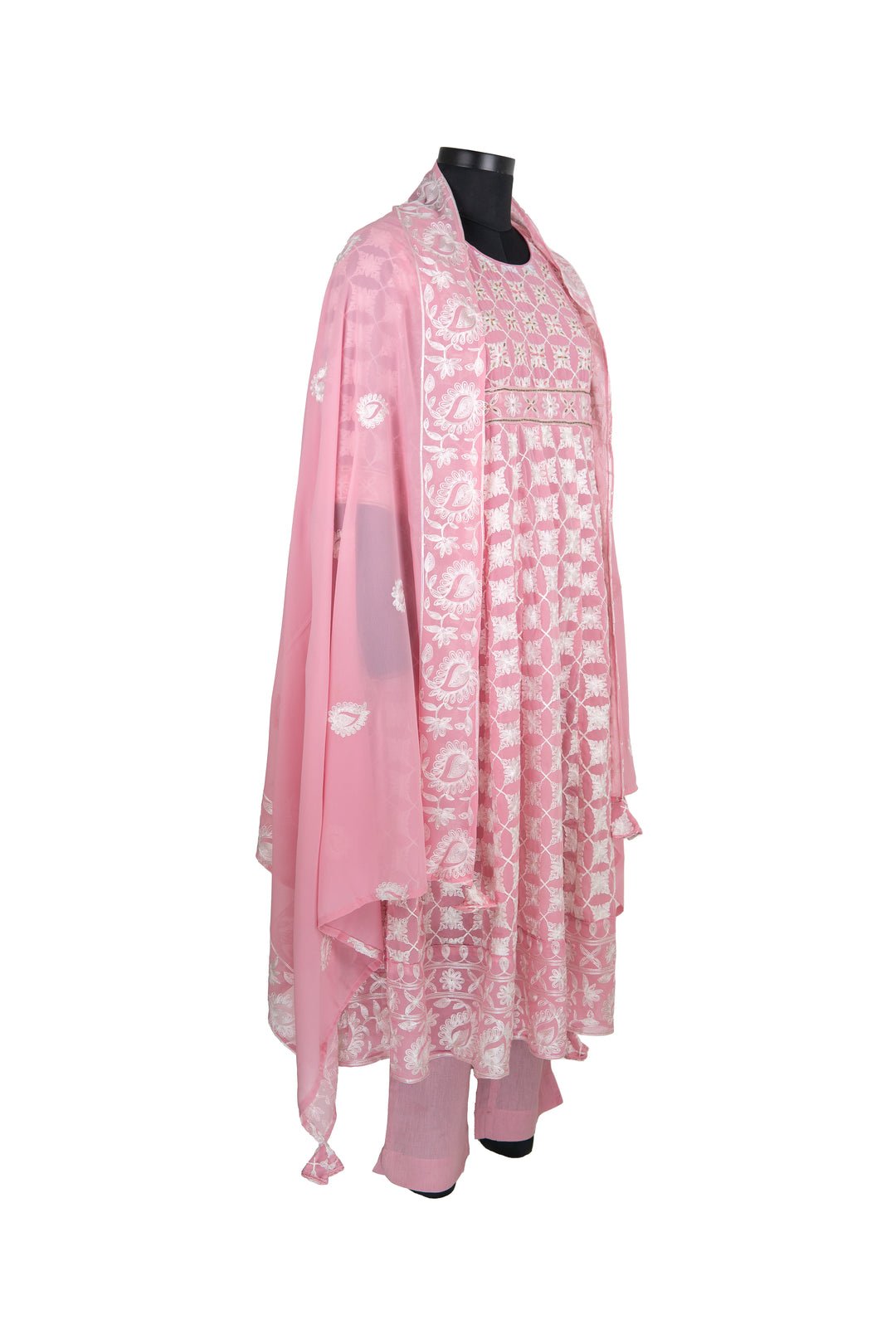 Pink Colour Anarkali Suit With White Embroidery