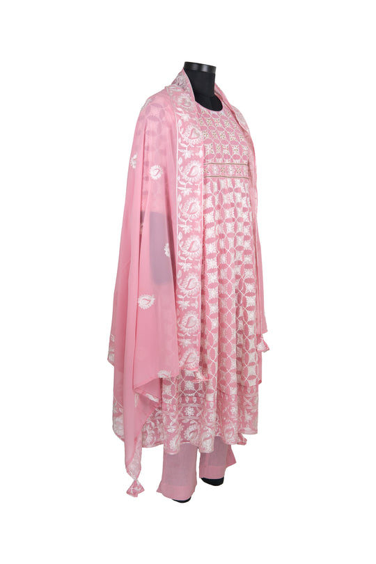 Pink Colour Anarkali Suit With White Embroidery