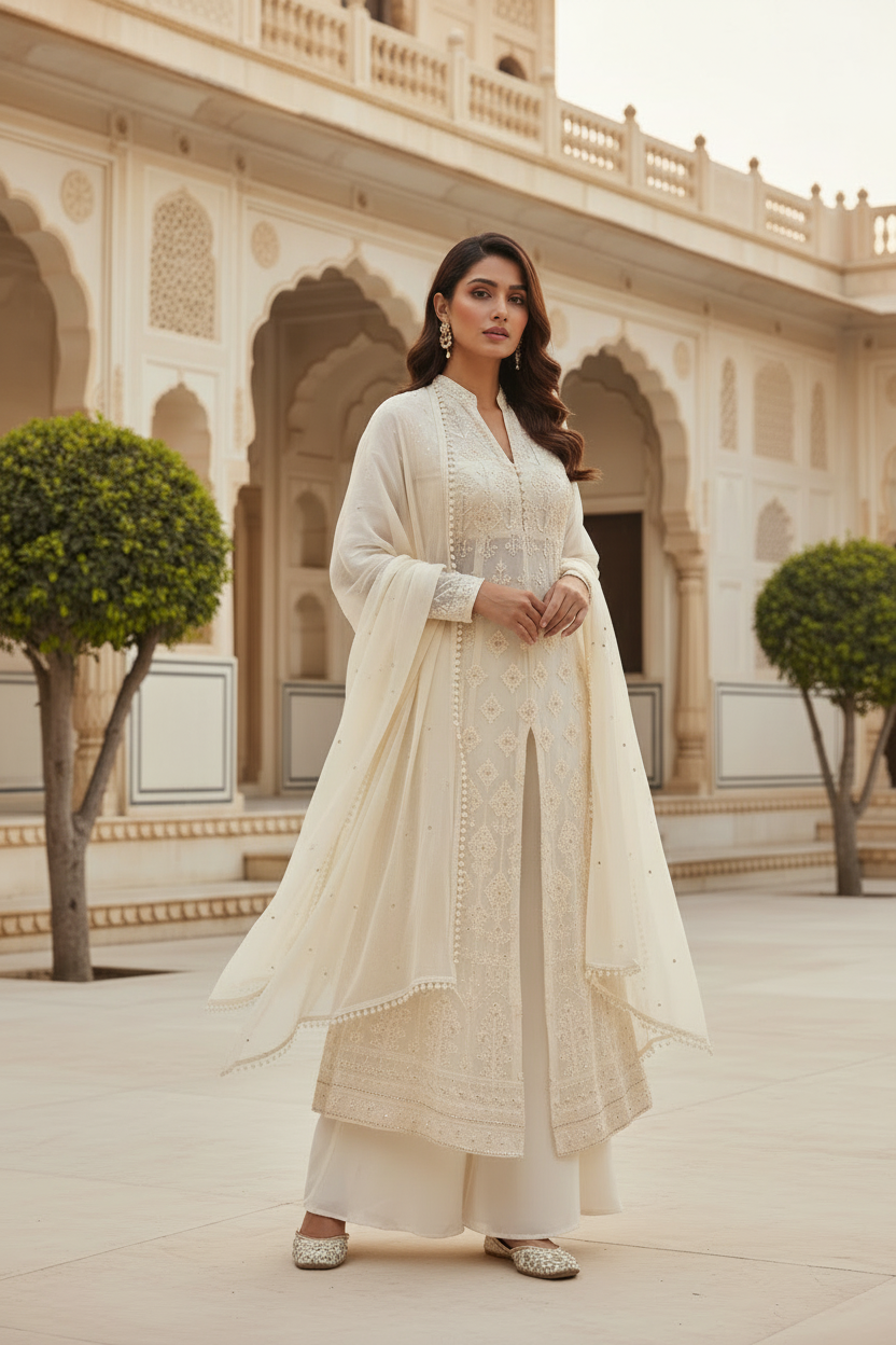 Fully Embroidered Off White Palazzo Set