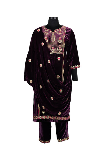 Deep Purple Embroidered Velvet Suit With Embroidered Dupatta