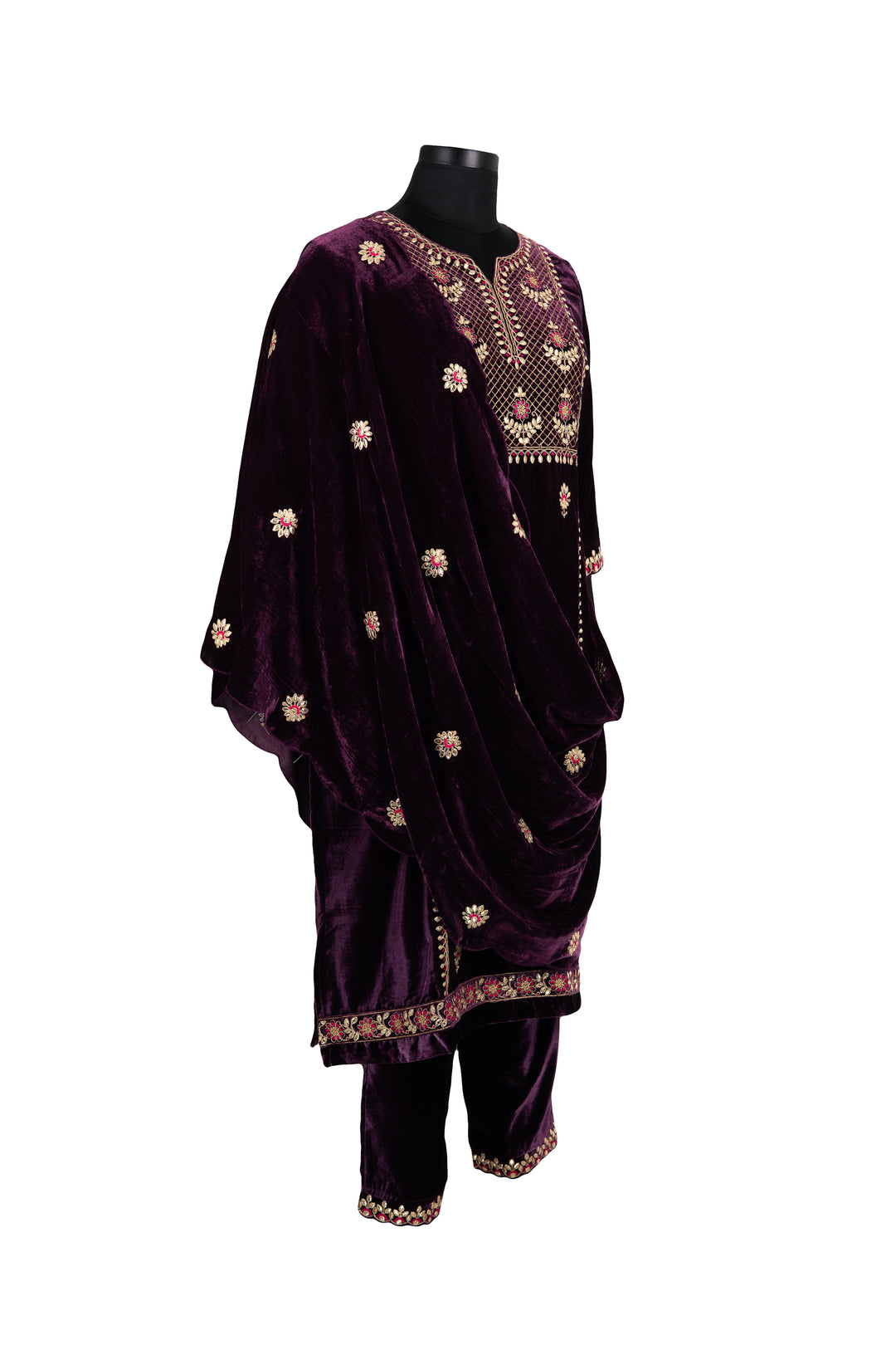 Deep Purple Embroidered Velvet Suit With Embroidered Dupatta