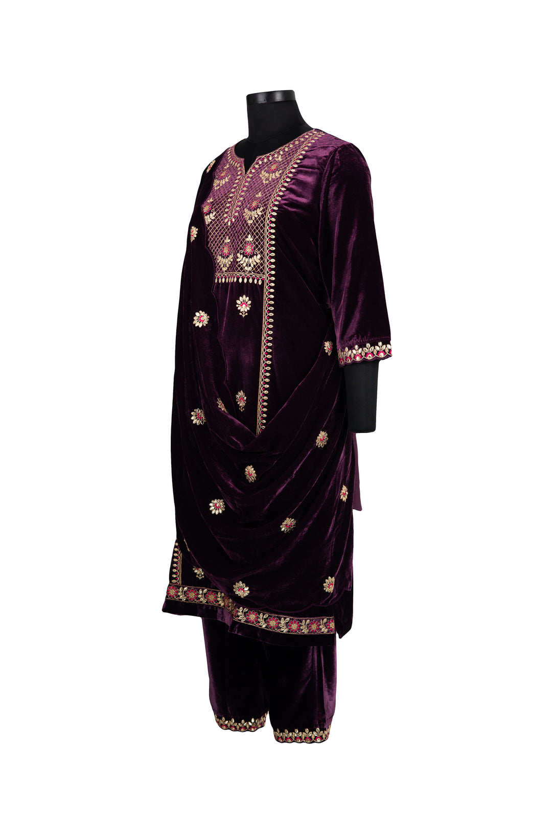 Deep Purple Embroidered Velvet Suit With Embroidered Dupatta