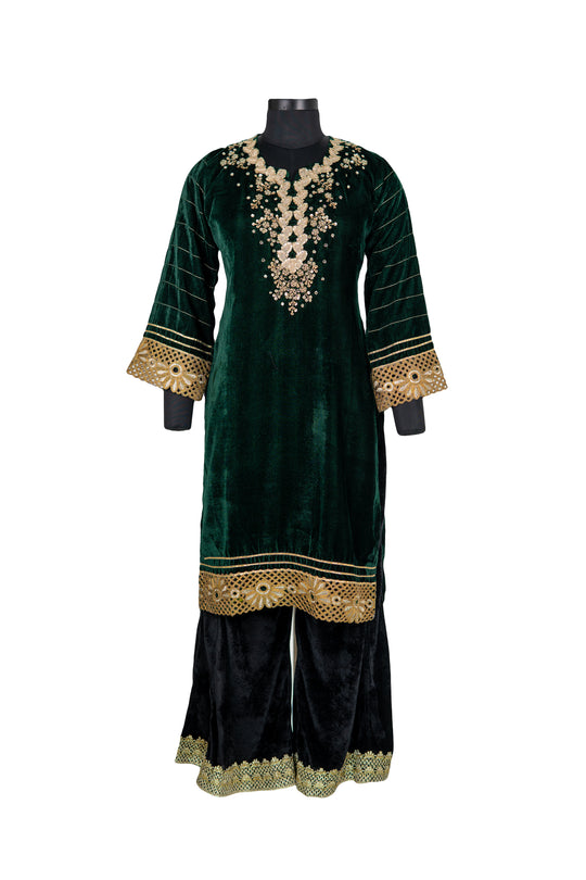 Embroidered Bottle Green Velvet Suit With Black Palazzo And Back Dupatta