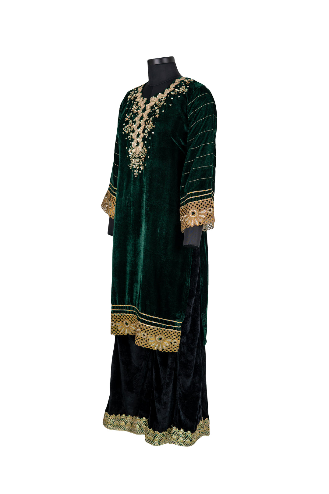 Embroidered Bottle Green Velvet Suit With Black Palazzo And Back Dupatta