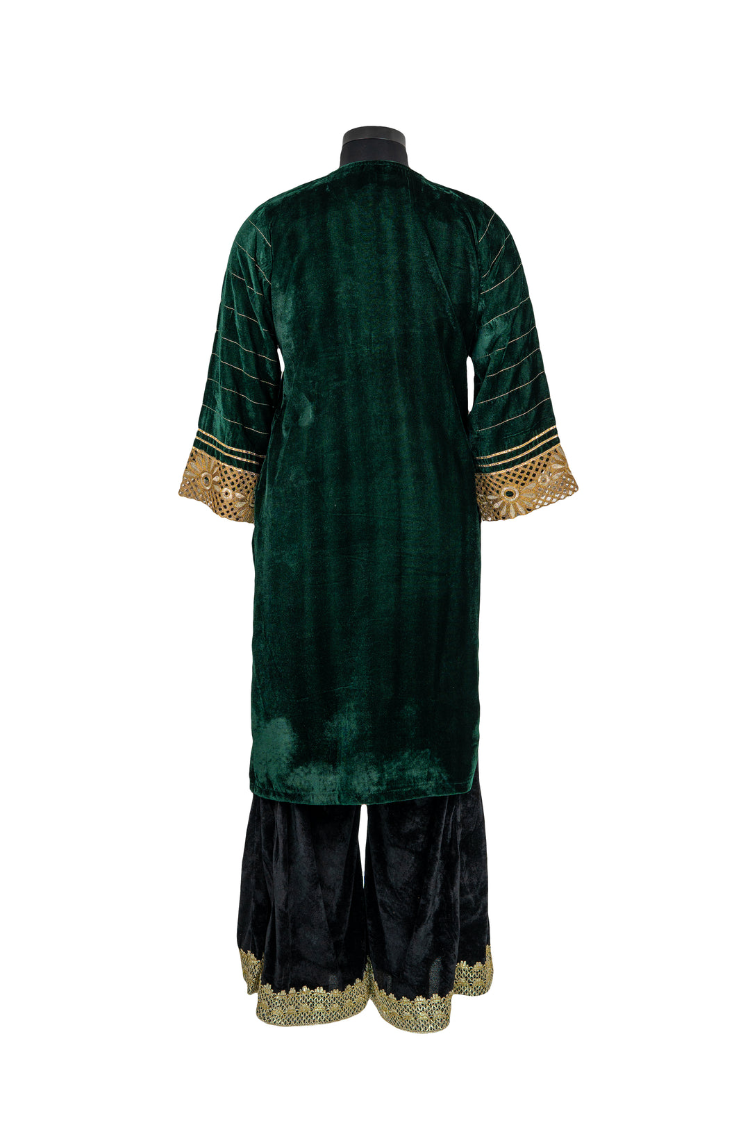 Embroidered Bottle Green Velvet Suit With Black Palazzo And Back Dupatta