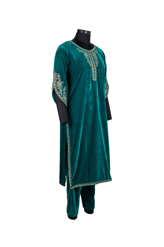 Embroidered Emerald Green Velvet Suit With Embroidered Dupatta