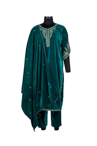 Embroidered Emerald Green Velvet Suit With Embroidered Dupatta