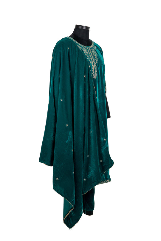 Embroidered Emerald Green Velvet Suit With Embroidered Dupatta