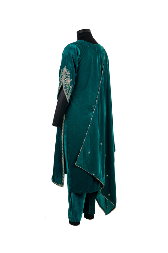 Embroidered Emerald Green Velvet Suit With Embroidered Dupatta