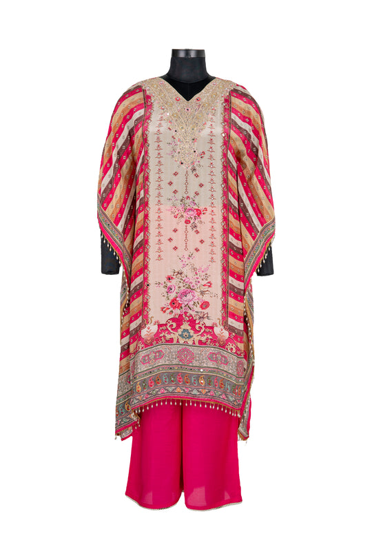 Cream And Pink Embroidered 2-Piece Kaftaan Suit