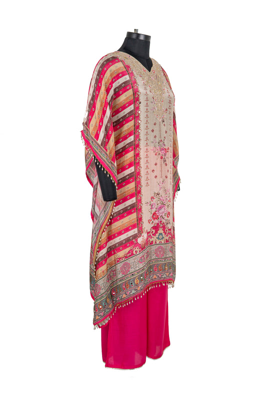 Cream And Pink Embroidered 2-Piece Kaftaan Suit