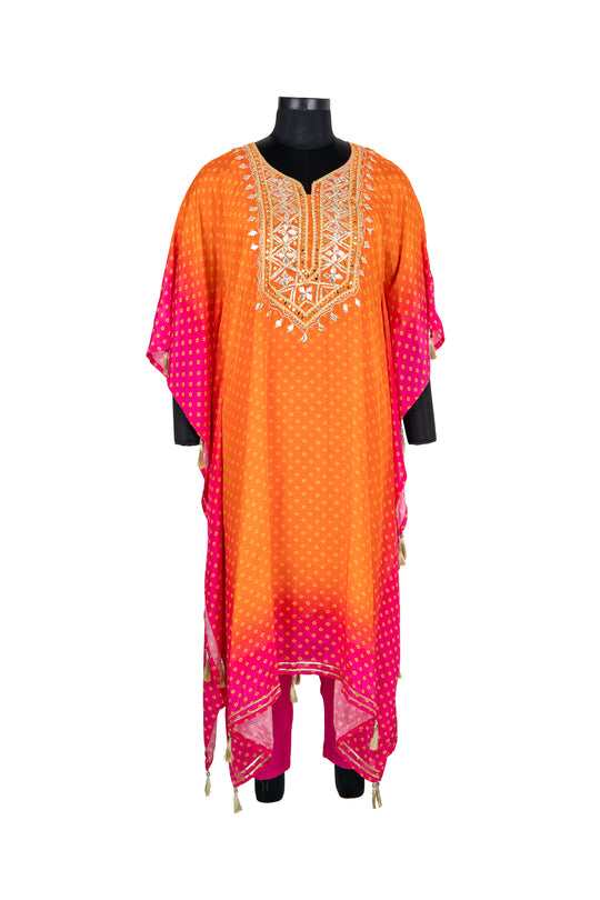 Embroidered Orange And Pink 2-Piece Kaftaan Suit