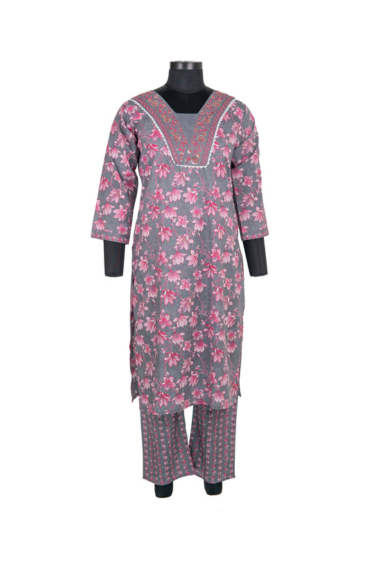 V Neck Grey Colour Digital Print Straight Pant Cotton Suit