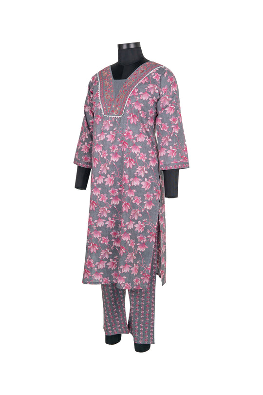 V Neck Grey Colour Digital Print Straight Pant Cotton Suit