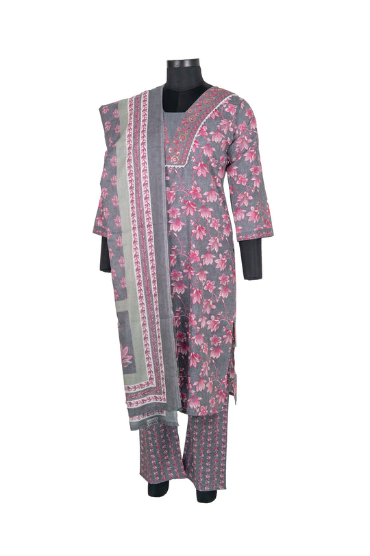 V Neck Grey Colour Digital Print Straight Pant Cotton Suit