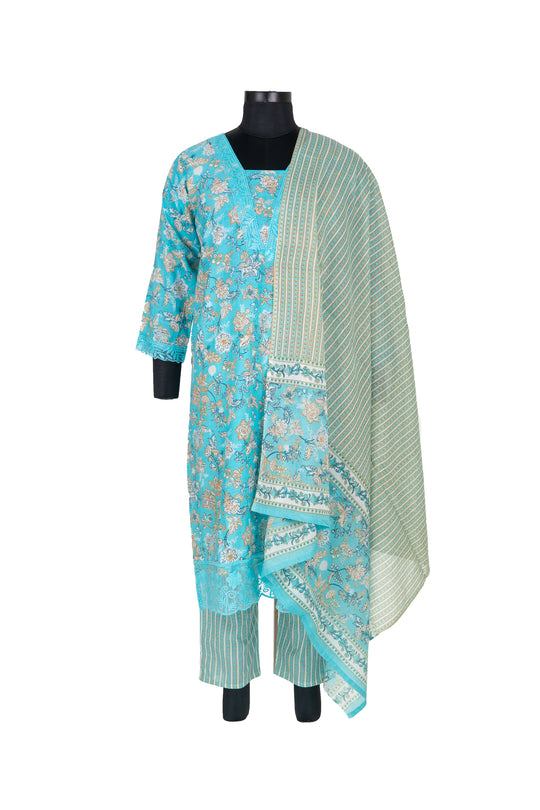 Light Blue Digital Print Straight Pant Cotton Suit