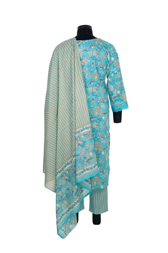 Light Blue Digital Print Straight Pant Cotton Suit