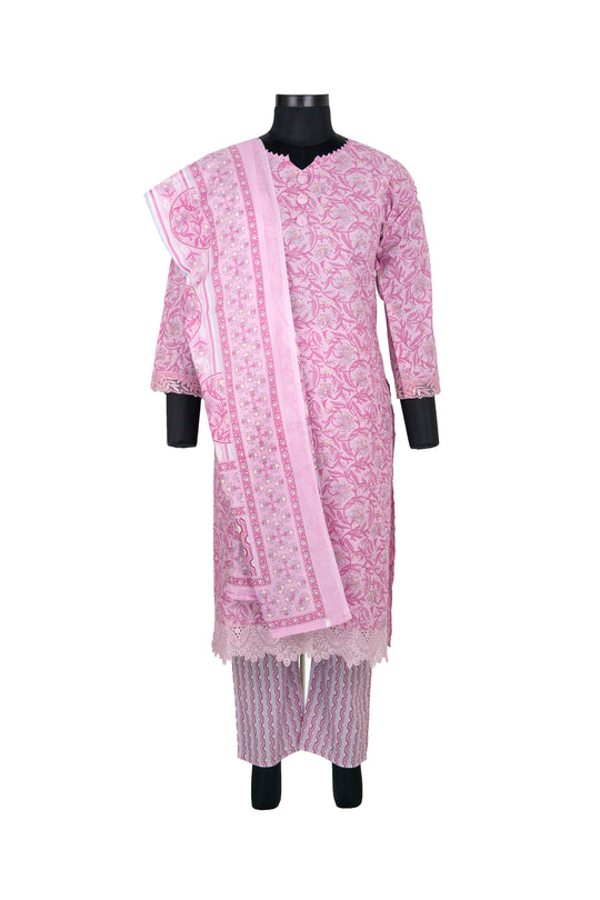 Pink Colour Digital Print Cotton Straight Pant Suit