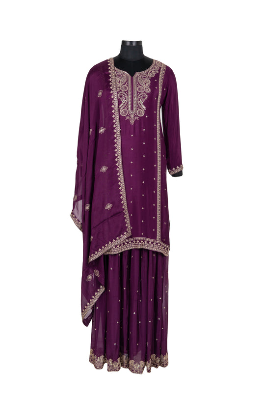 Fully Embroidered Deep Purple Palazzo Set