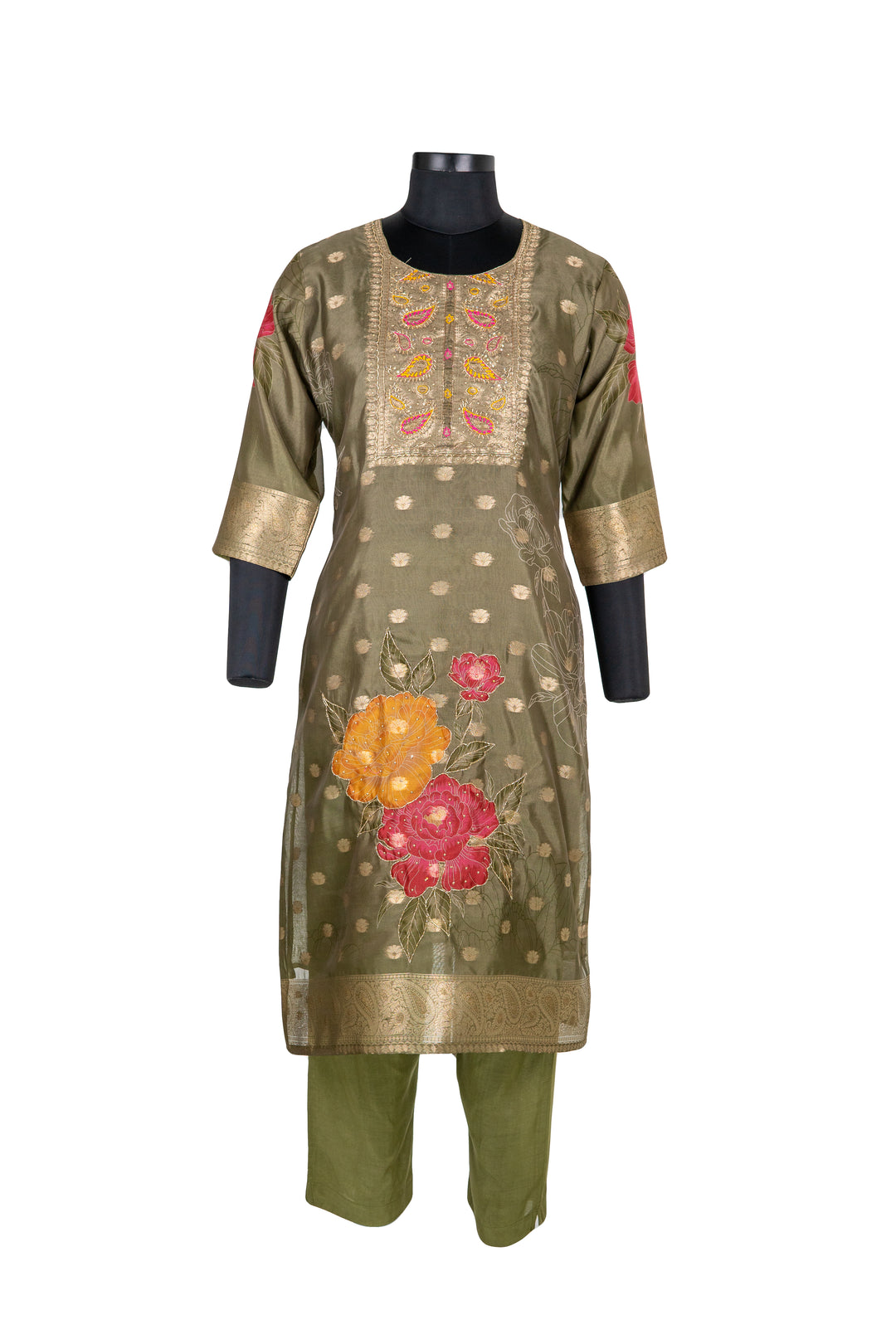 Fully Embroidered Mehndi Green Straight Pant Suit With Banarasi Dupatta