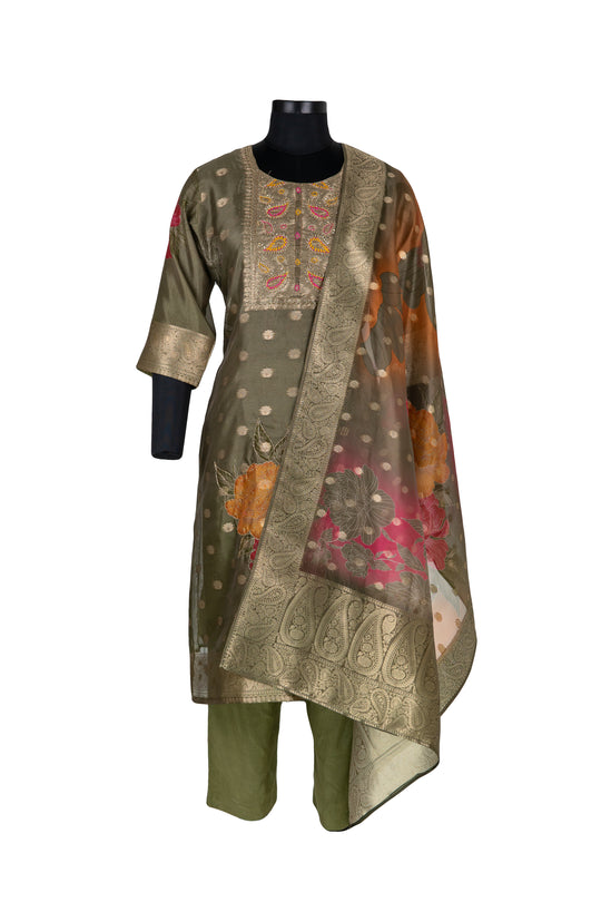 Fully Embroidered Mehndi Green Straight Pant Suit With Banarasi Dupatta