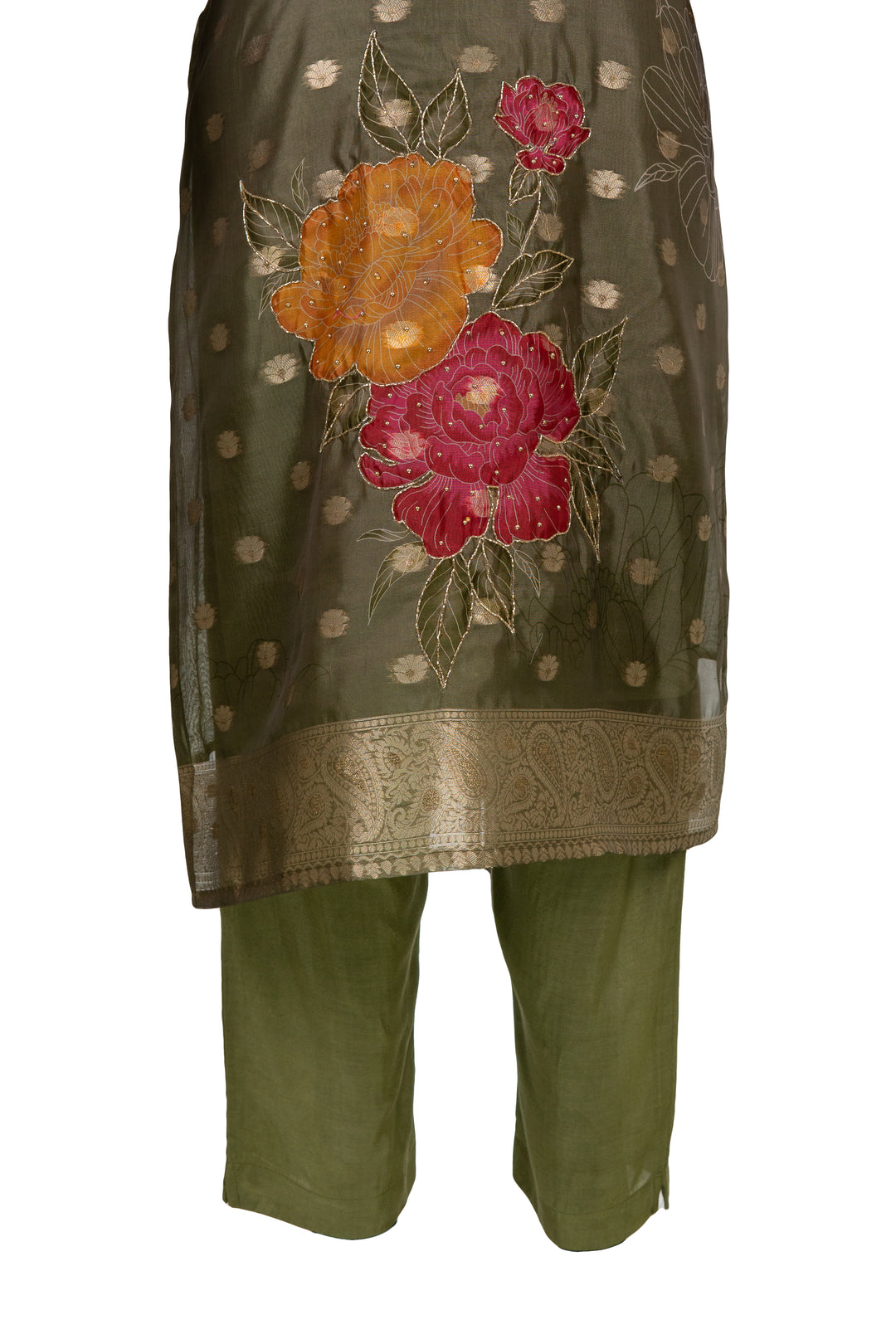 Fully Embroidered Mehndi Green Straight Pant Suit With Banarasi Dupatta