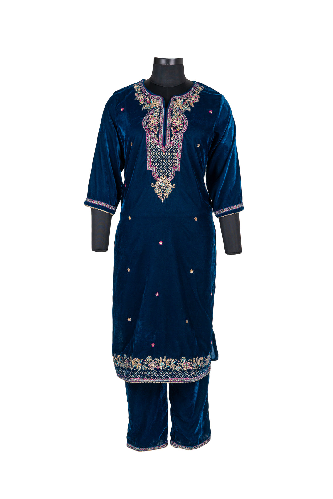 Navy Blue Embroidered Velvet Suit With Embroidered Dupatta