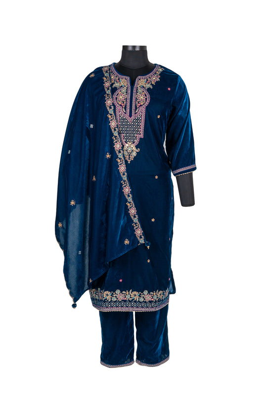 Navy Blue Embroidered Velvet Suit With Embroidered Dupatta