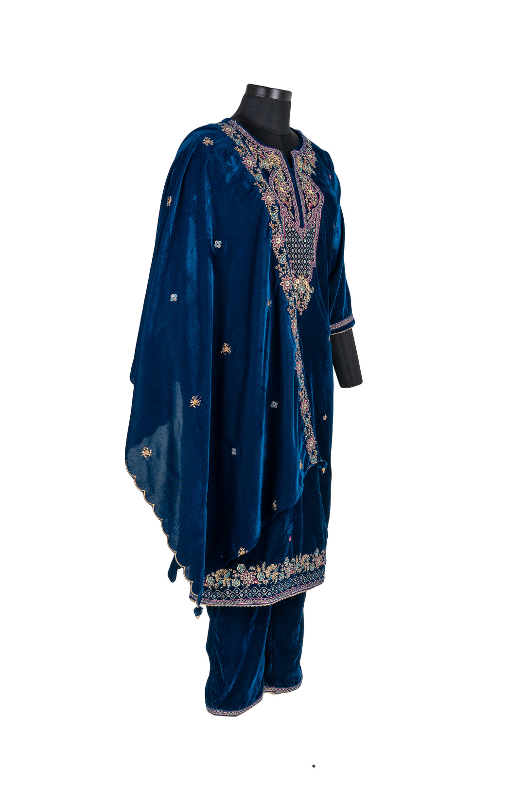 Navy Blue Embroidered Velvet Suit With Embroidered Dupatta