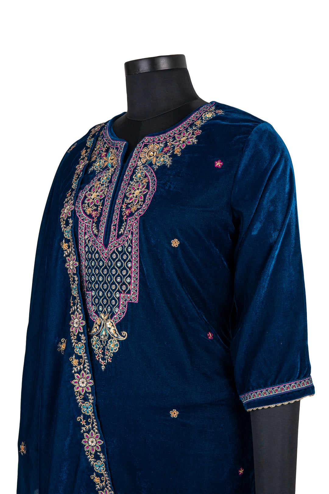 Navy Blue Embroidered Velvet Suit With Embroidered Dupatta