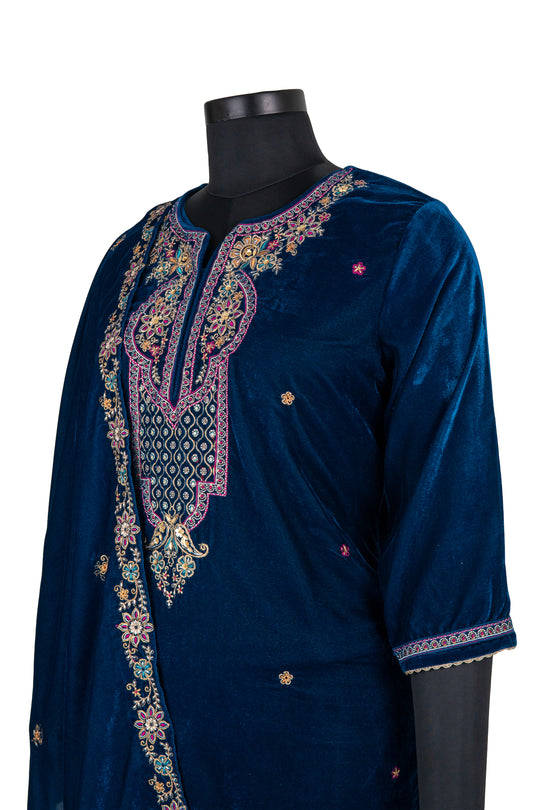 Navy Blue Embroidered Velvet Suit With Embroidered Dupatta