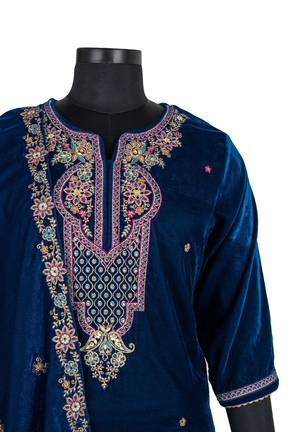 Navy Blue Embroidered Velvet Suit With Embroidered Dupatta