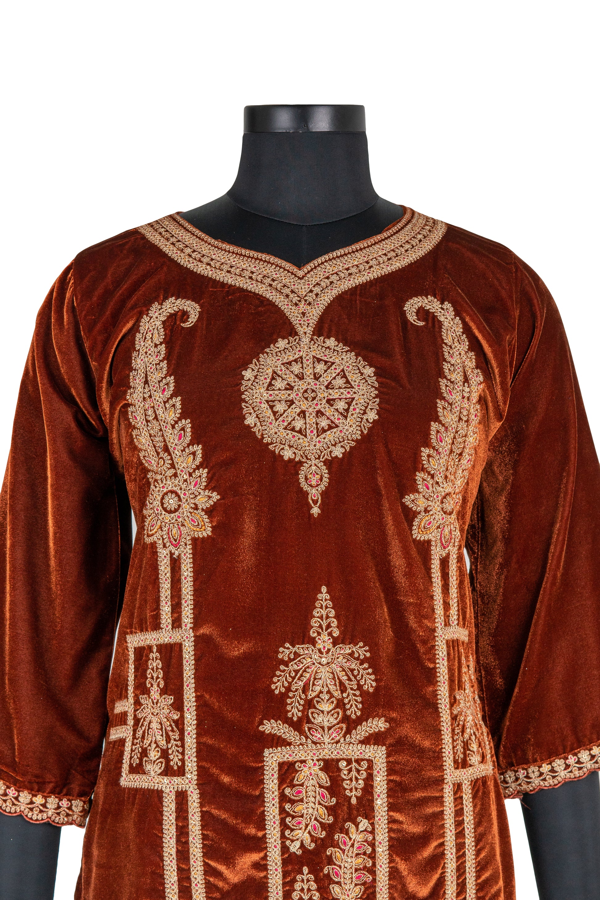 Fully Embroidered Brown Colour Velvet Suit With Embroidered Dupatta