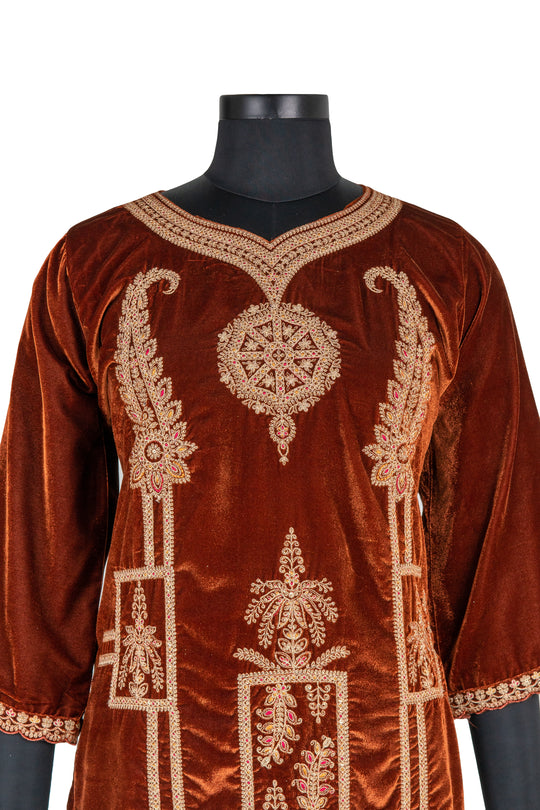 Fully Embroidered Brown Colour Velvet Suit With Embroidered Dupatta