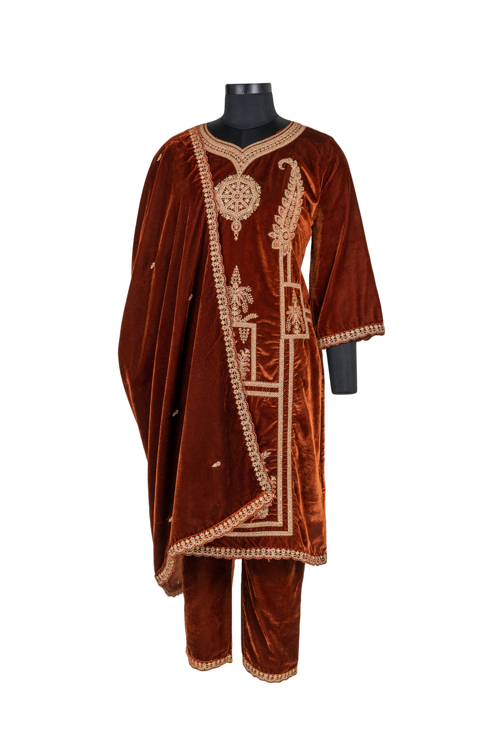 Fully Embroidered Brown Colour Velvet Suit With Embroidered Dupatta