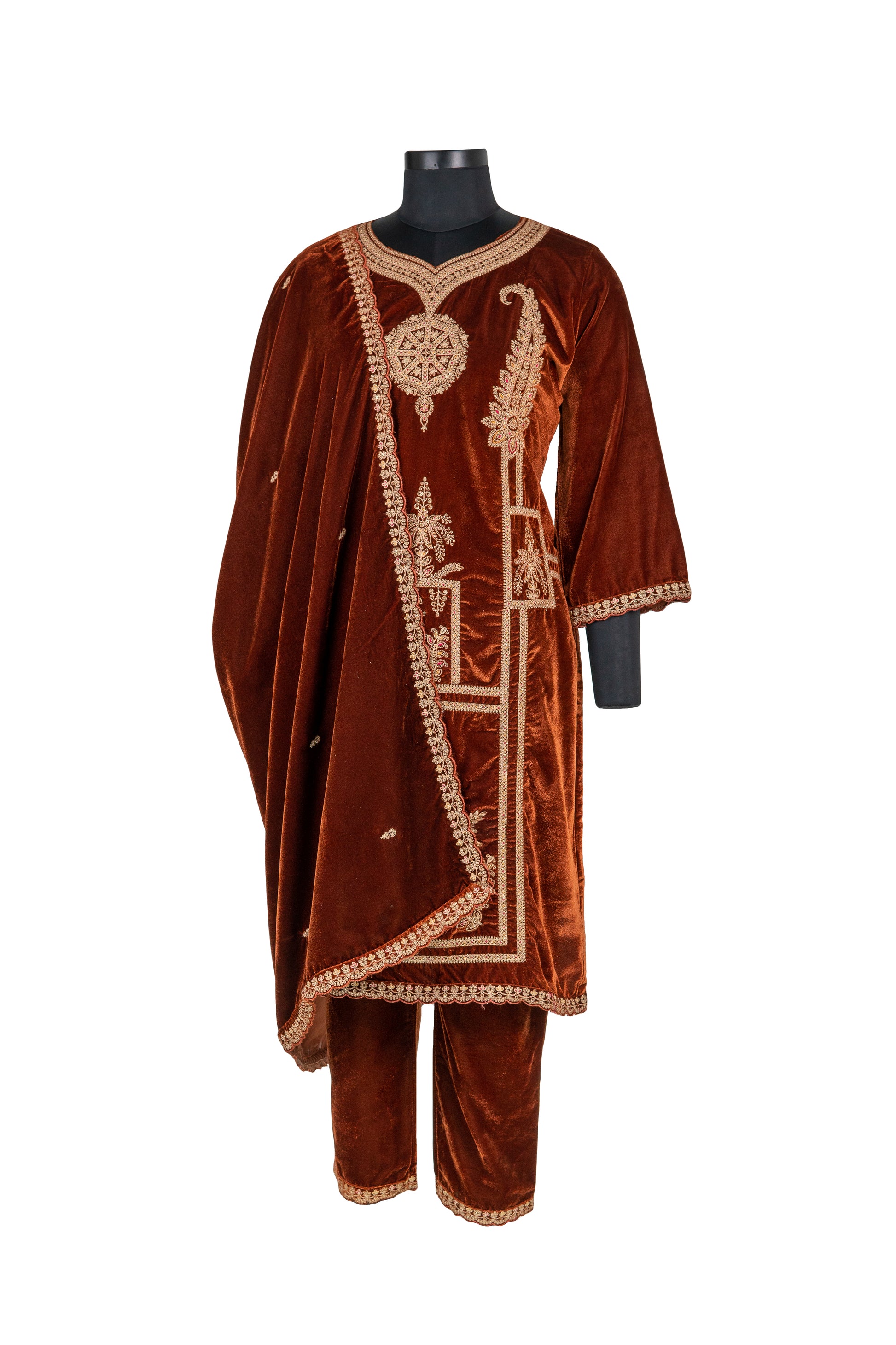 Fully Embroidered Brown Colour Velvet Suit With Embroidered Dupatta