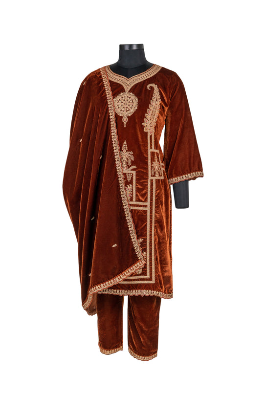 Fully Embroidered Brown Colour Velvet Suit With Embroidered Dupatta