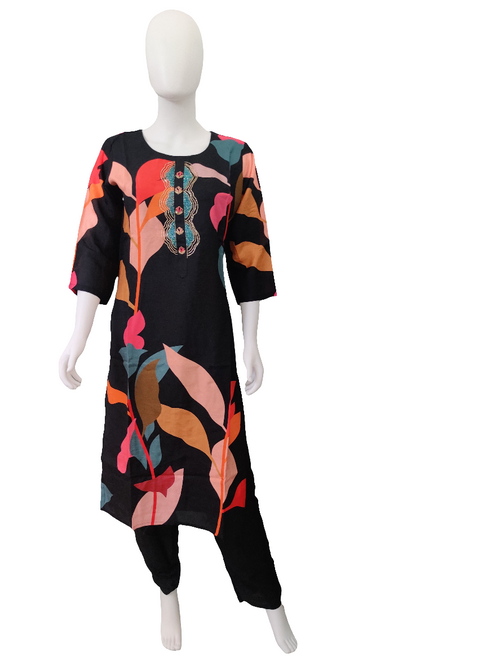 Black Digital Print Muslin Silk Kurta Set