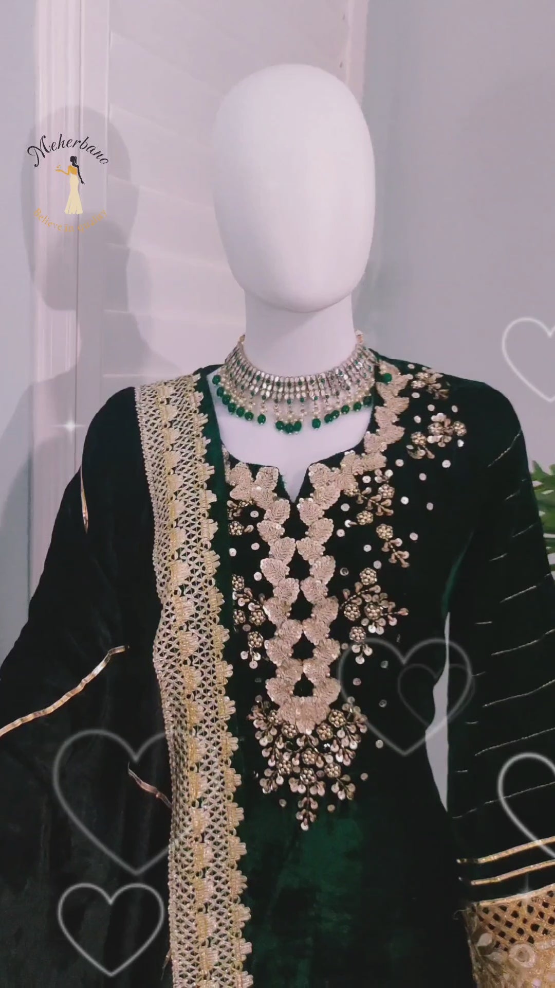 Embroidered Bottle Green Velvet Suit With Black Palazzo And Back Dupatta