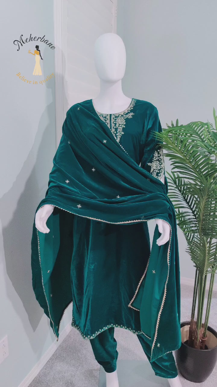 Embroidered Emerald Green Velvet Suit With Embroidered Dupatta