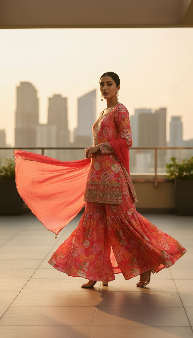 🤍Chinon Fabric Digital Printed Sharara Suit Set